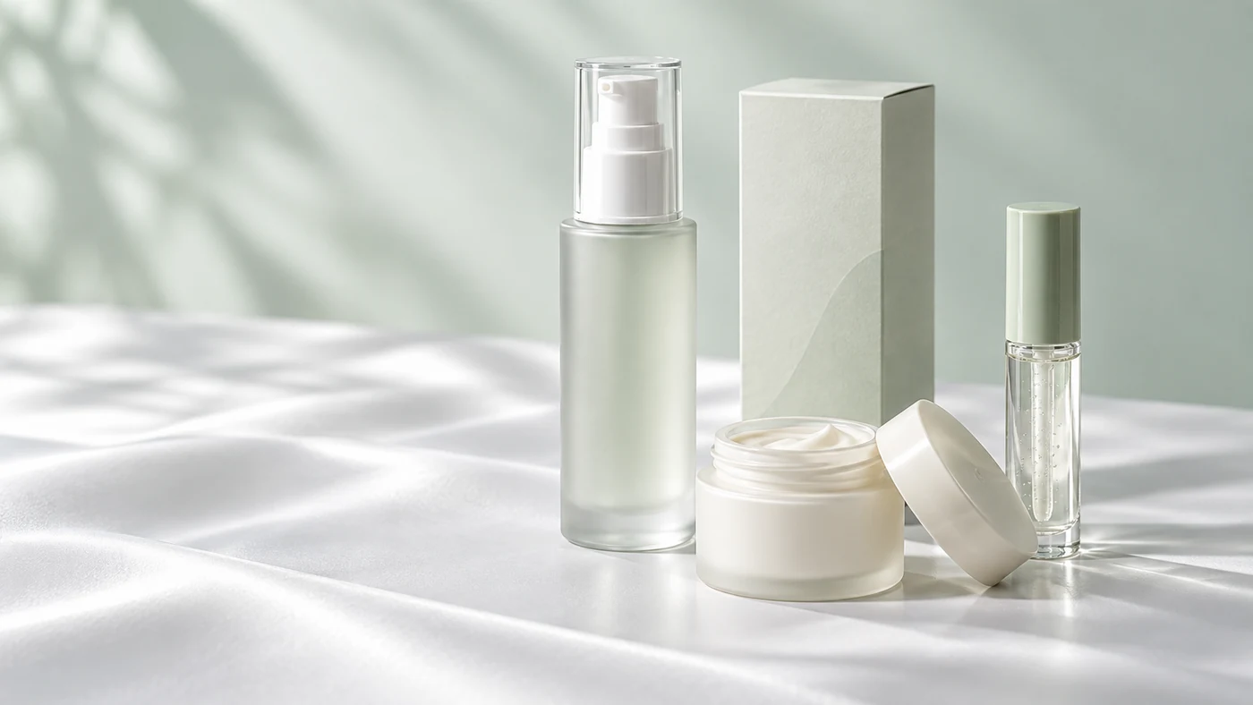 Unbranded cosmetic packaging; AI-generated direction study